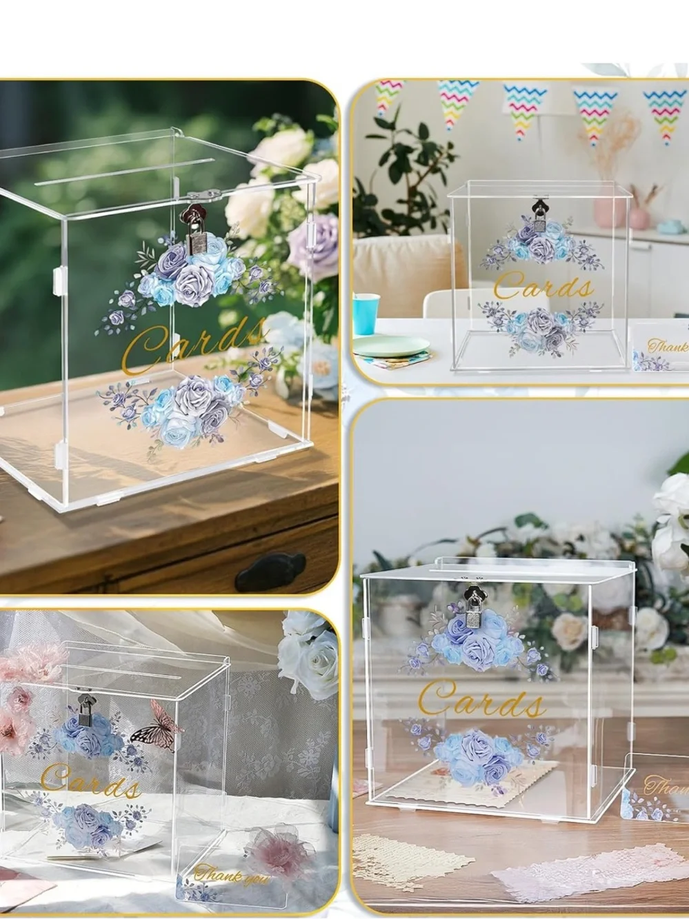 Acrylic Blue Floral Clear Card Box with Lock for Wedding, Graduation, Showers